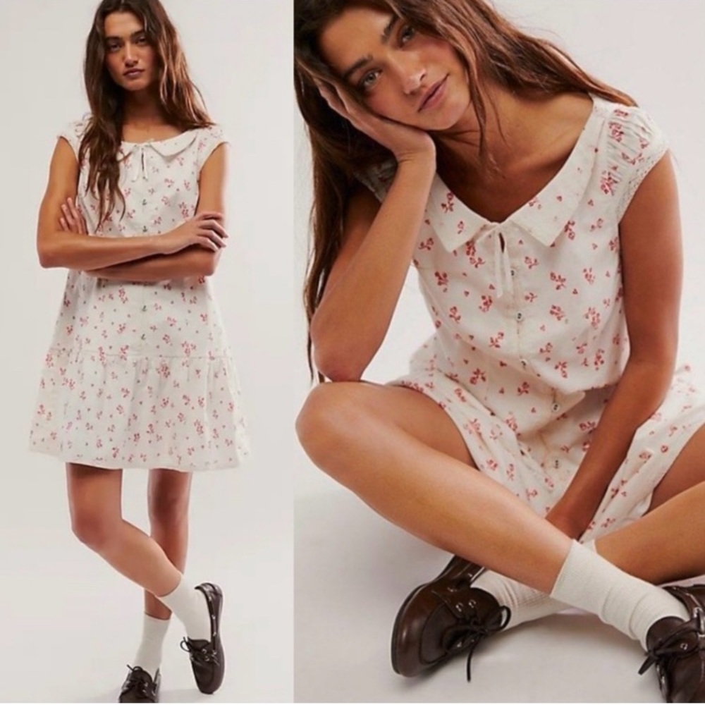 Free People White and Pink Floral Mini Dress
